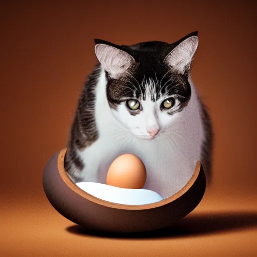 Image similar to A cat hatching from an egg, studio lighting, photorealistic, 4K