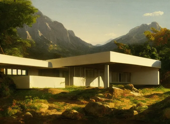 Image similar to painting of a richard neutra house in front of beautiful mountains by thomas cole