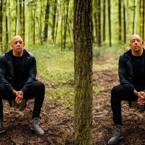 Image similar to vin diesel sitting near a bonfire at night in the woods, canon eos r 3, f / 1. 4, iso 2 0 0, 1 / 1 6 0 s, 8 k, raw, unedited, symmetrical balance, in - frame