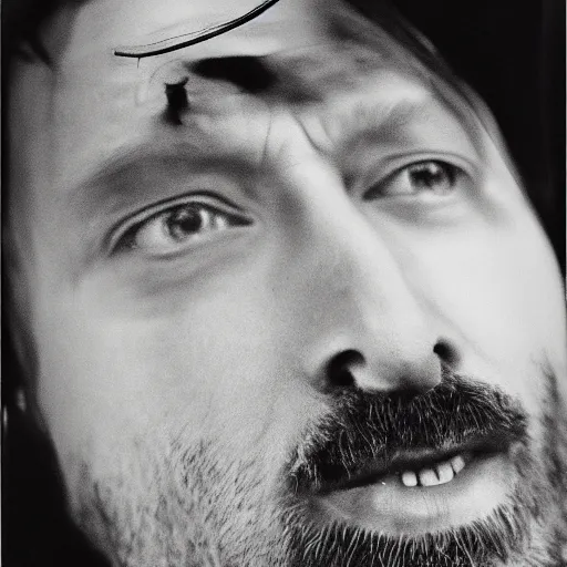 Image similar to Singing Thom Yorke, with a beard and a black jacket, a portrait by John E. Berninger, dribble, neo-expressionism, uhd image, studio portrait, 1990s