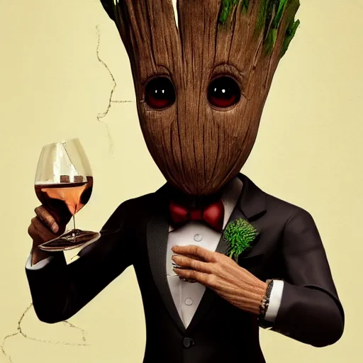 Prompt: realistic groot as a gentleman wearing tuxedo drinking wine on a studio shot, digital art, trending on artstation, behance, octane, intricate, ornate, photorealistic, hyper realism, high detail, movie shot, studio lighting, 8 k, vivid colors, smooth gradients, cinematic