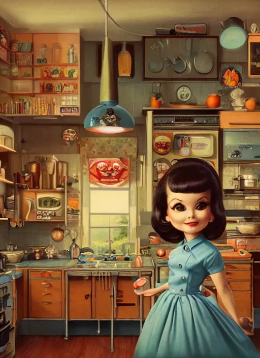 Image similar to highly detailed wide - angle portrait of a retro 1 9 6 0 s kitchen, nicoletta ceccoli, mark ryden, lostfish, earl nore, hyung tae, frank frazetta, global illumination, god rays, detailed and intricate environment