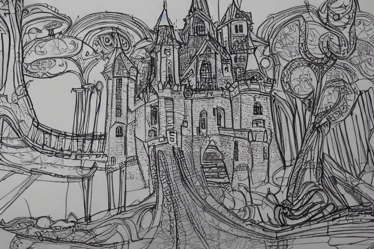 Image similar to single line sketch of elaborate intricate castle, scribble sketch, small details,