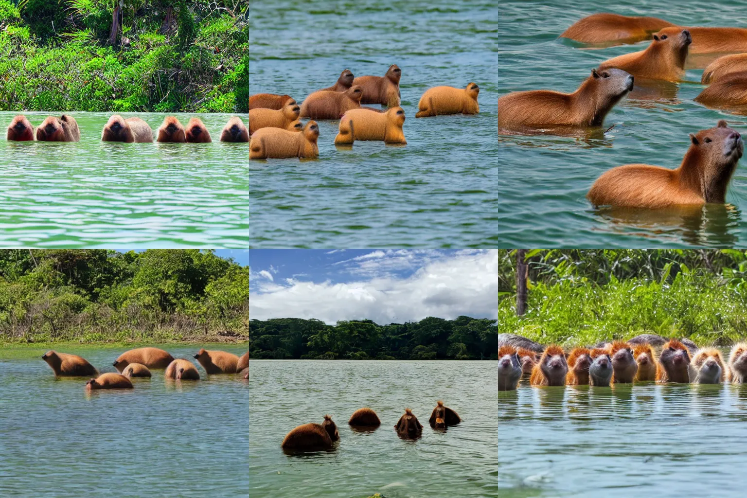 Prompt: A Bunch of Capybaras Swimming In A Tropical Lake