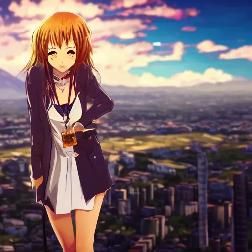 Image similar to closeup of an Anime girl with an transparent Aguardiente Cristal Sin Azucar bottle in her hand with the city of Armenia Quindio in the background, Artwork by Makoto Shinkai, official media, 8k, pixiv, high definition, wallpaper, hd, digital artwork