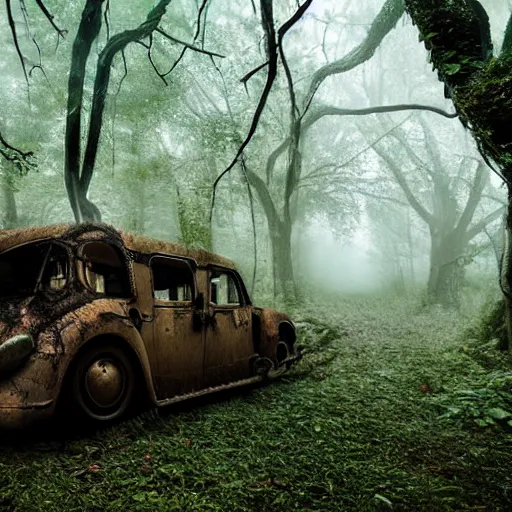 Prompt: magnificent steampunk vehicle abandoned in lush forest with vines hanging from tree branches, fog, desaturated, beautiful, creepy ambiance, 4k, sharp focus, highly detailed