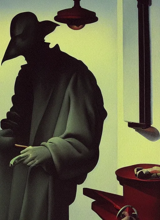 Image similar to plague doctor eating ice cream Edward Hopper and James Gilleard, Zdzislaw Beksinski highly detailed