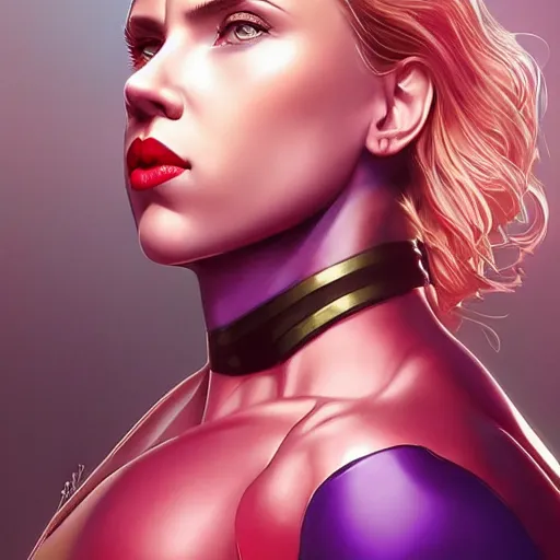 Prompt: scarlett johansson as thanos, feminine beautiful muscular fitness model wearing armor, dark purple skin, red lips, very strong jaw, pin up, attractive, highly detailed upper body portrait, pretty face, elegant, breathtaking art, concept art, by artgerm and ilya kuvshinov