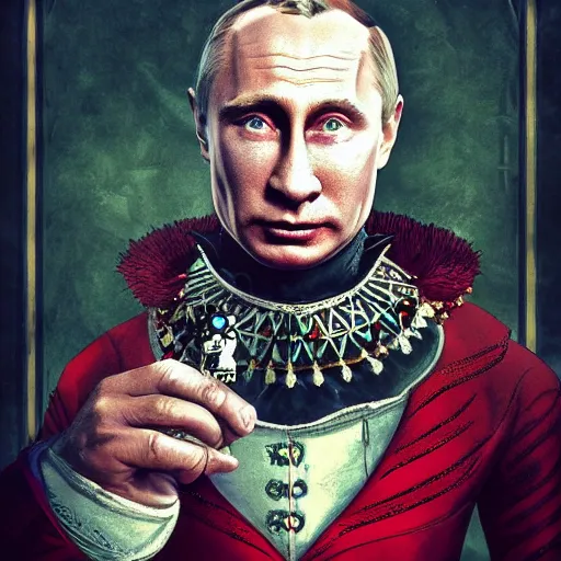 Image similar to vladimir putin is jester in circus, in lunatic asylum, intricate, highly detailed, smooth, artstation, heretic, medieval with hunt