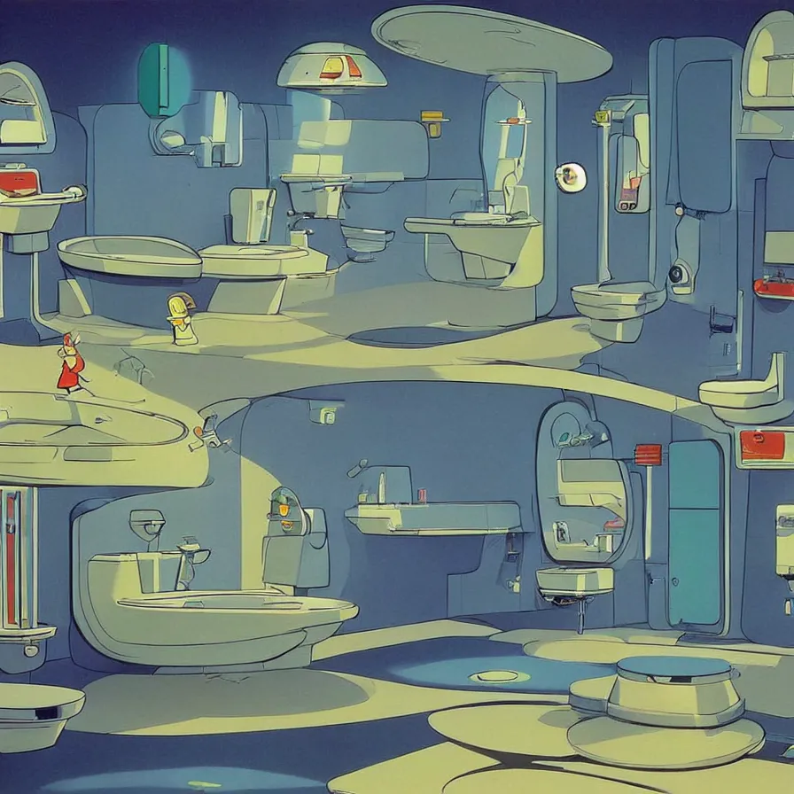 Image similar to concept art of jetsons cartoon bathroom, painted by tim white