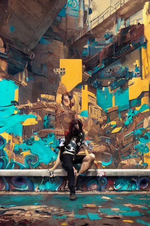 Prompt: punk girl sitting on extreme 3 d graffiti tag mural maximalism by atey ghailan, by greg rutkowski, by joe fenton, yellow, brown, black and cyan color scheme, octane render