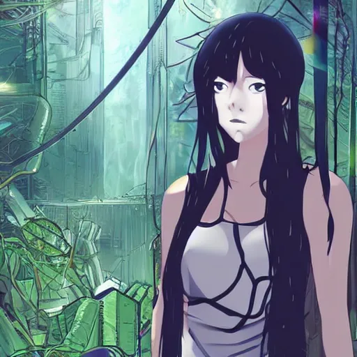 Image similar to a female anime character with long black hair, in a misty jungle surrounded by broken technology, in the style of mamoru oshii, ghost in the shell