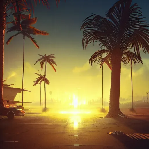 Image similar to Fiery Palm tree ignites black background, sending flickering aesthetic firefly ashes towards viewer by Makoto Shinkai, by Artgerm, by beeple, by Greg Rutkowski, volumetric lighting, octane render, 4K resolution, trending on artstation, masterpiece