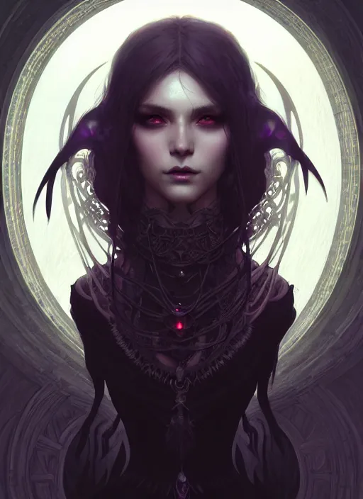 Image similar to Necromancer Sorceress, fantasy magic, undercut hairstyle, dark light night, intricate, elegant, sharp focus, illustration, highly detailed, digital painting, concept art, matte, art by WLOP and Artgerm and Greg Rutkowski and Alphonse Mucha, masterpiece