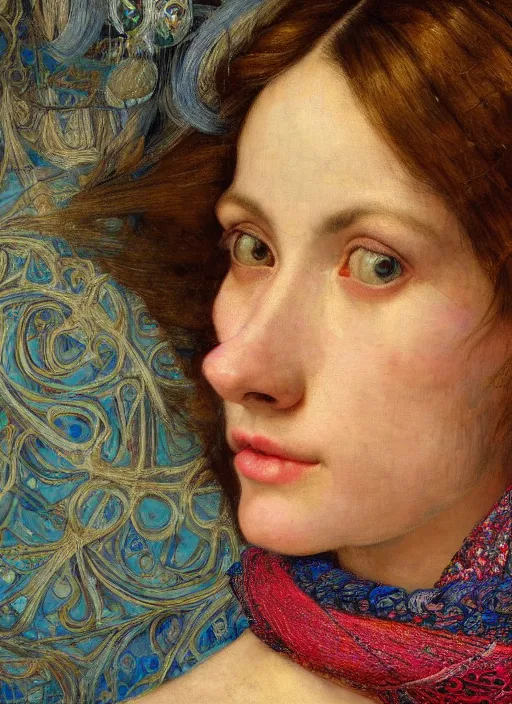 Prompt: close up portrait of a beautiful woman in a library, wearing a scarf with colourful intricate psychodelic patterns, by edgar maxence and caravaggio and michael whelan and delacroix style, artistic, intricate drawing, light brazen, realistic fantasy, extremely detailed and beautiful aesthetic face, establishing shot, 8 k resolution, dramatic lighting
