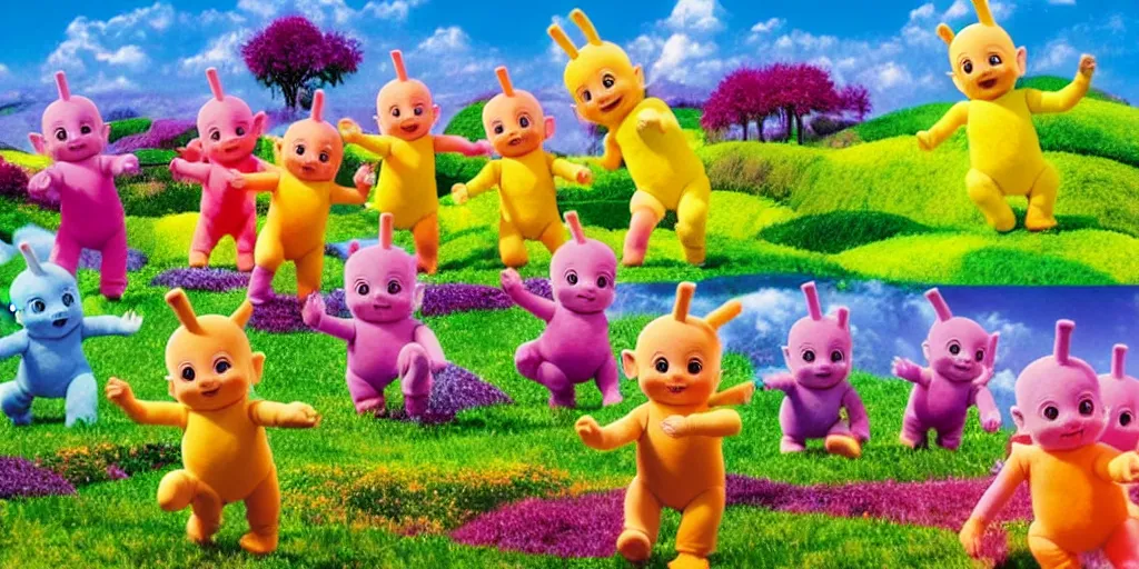 Prompt: Many teletubbies in the style of Thomas Kincade