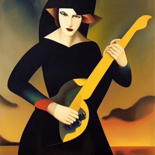 Image similar to goth girl playing electric guitar at dusk, oil painting by Tamara de Lempicka, masterpiece