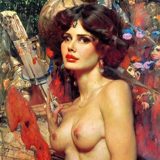 Prompt: portrait of a beautiful goddess, painted by jack kirby, lawrence alma tadema, norman rockwell, greg staples, wayne barlow, jacob collins, tom lovell, frank schoonover, neville page