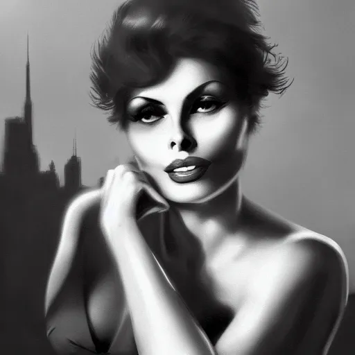 Image similar to closeup portrait of a young sophia loren, 1 9 2 0 s, femme fatale, city background, megacity, high fantasy, dramatic light, gorgeous view, depth, high detail, digital art, painted by greg rutkowski, trending on artstation