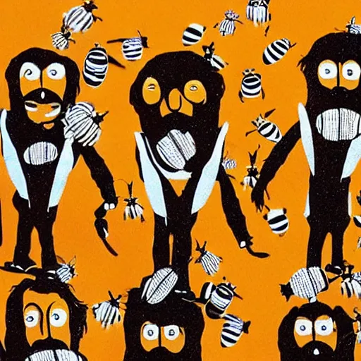 Prompt: portrait of The Beatles performing onstage except they are actual bees with faces like bees
