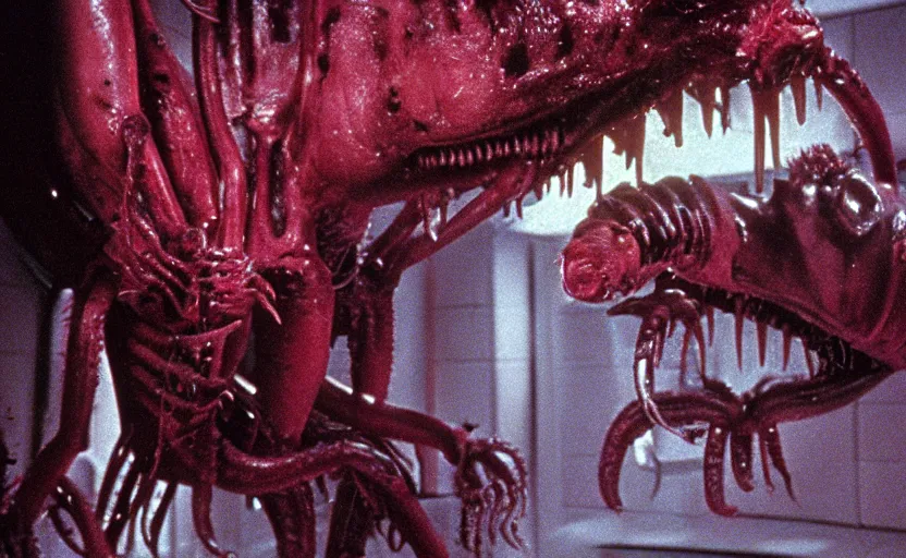 Image similar to peppa the pig infected by xenomorph from movie alien 1 9 7 9, staying at nostromo spaceship. extreme long shot, cinestill, giger, hermann nitsch, dark colors