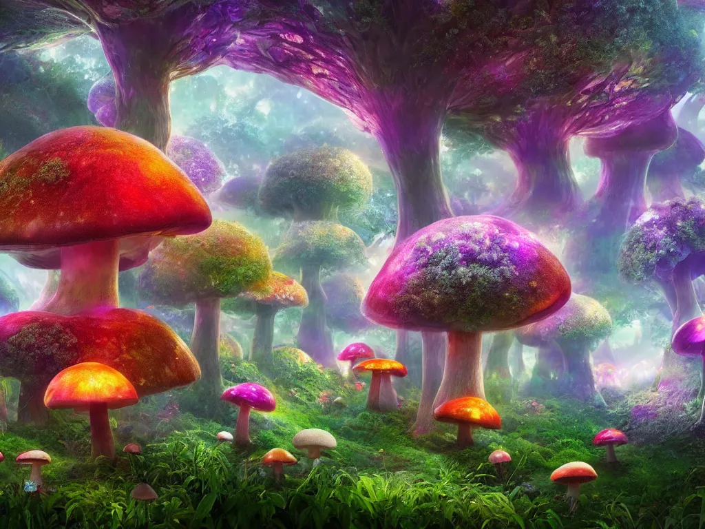 Prompt: a beautiful otherworldly fantasy landscape of giant luminous mushroom trees forming canopies over bright colorful mythical sprouted floral plants and colorful foliage on the ground, like alice in wonderland, extreme detail, rendering, cryengine, deep color, vray render, cinema 4 d, cgsociety, bioluminescent