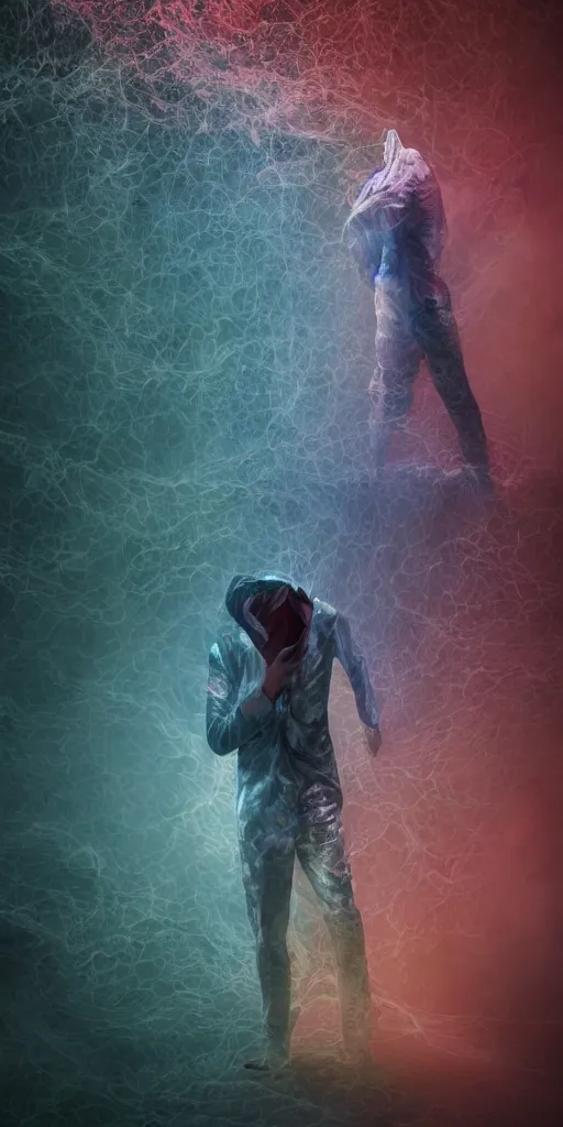 Image similar to faceless man in a multicolored metallic suit, hidden behind torn cloth swirling violently, abstract cloth simulation, tattered fabric, rags, ragged, ephemeral, gradients, hyperdetailed, hyper realistic, Cozy, soft light, caustic, atmospheric fog, Octane Render, cinematic