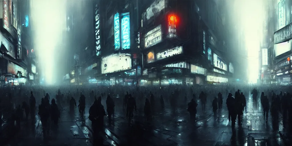 Prompt: beautiful painting by jeremy mann, large crowd in a cyberpunk street, still from blade runner movie, desaturated, oil painting, perfect composition, detailed octane render trending on artstation, volumetric fog, ominous, unsettling, 8 k artistic photography, volumetric cinematic perfect light