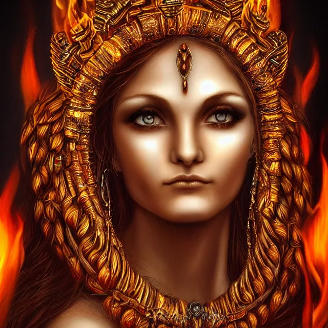 Prompt: perfectly centered close up portrait, goddess of fire, candid photography, by anne stokes, highly detailed