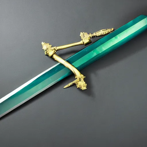 Image similar to photograph of a large green and teal crystal sword with a gold sword hilt