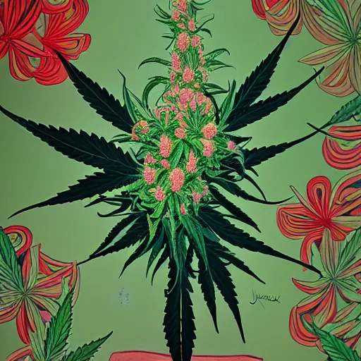 Image similar to cannabis flower artwork by james jean, trending on artstation