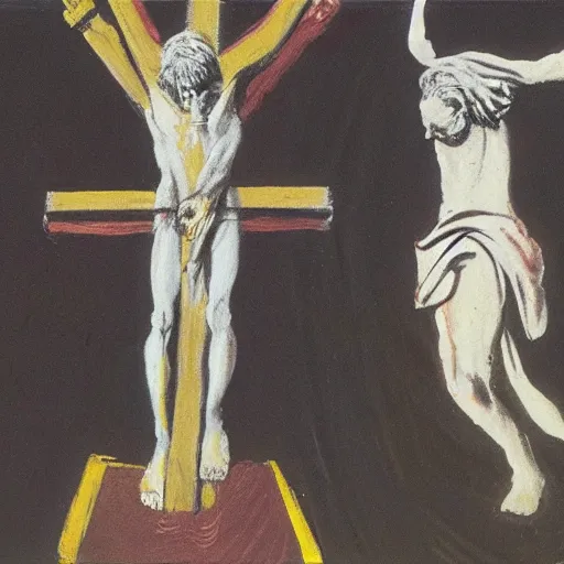 Prompt: francis bacon painting, figures at the base of a crucifixion, boris johnson