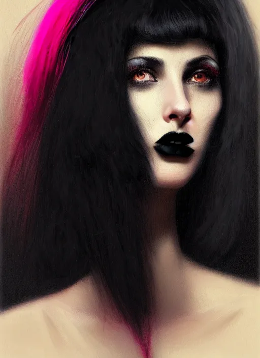 Prompt: portrait of an israeli woman with a crooked nose and a confident expression, 1 9 6 0 s, black clothes, goth, punk, brightly coloured hair, funk, intricate, elegant, highly detailed, digital painting, artstation, concept art, smooth, sharp focus, illustration, art by wlop, mars ravelo and greg rutkowski