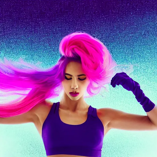 Prompt: a award winning full body shot of a beautiful woman in a croptop and gloves and leggings with a ombre purple pink teal hairstyle with head in motion and hair flying, outrun, vaporware, vivid colors, highly detailed, fine detail, intricate