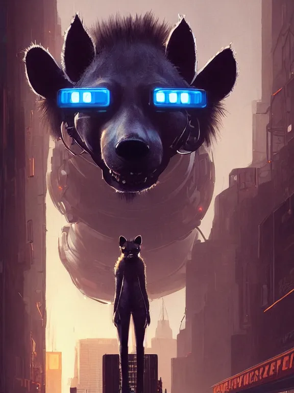 Image similar to new york city portrait of furry anthro anthropomorphic spotted hyena head animal person fursona wearing clothes strange cybernetic muzzle gloomy rainy screenshot from the video game cyberpunk 2077 digital art by Greg Rutkowski, Simon Stalenhag, christopher nolan trending on Artstation, CGSociety