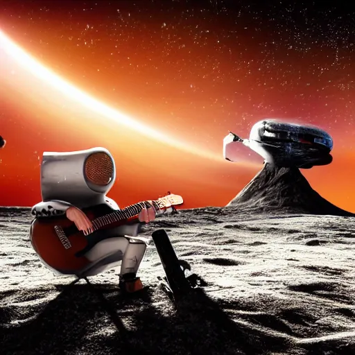 Image similar to photo of a detailed, realistic, regular sized, sitting idle fender electric guitar next to a sitting idle beer can and an astronaut sitting down on the moon surface. detailed photo. realistic photo. cinematic. cinematic shot