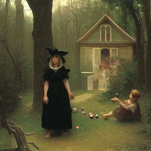 Image similar to an eerie, realistic illustration of a full-sized witch's house covered in candy in the middle of dark and twisted woods, being visited by a poor waif brother and sister, by Bouguereau, John William Waterhouse and Thomas Kincade