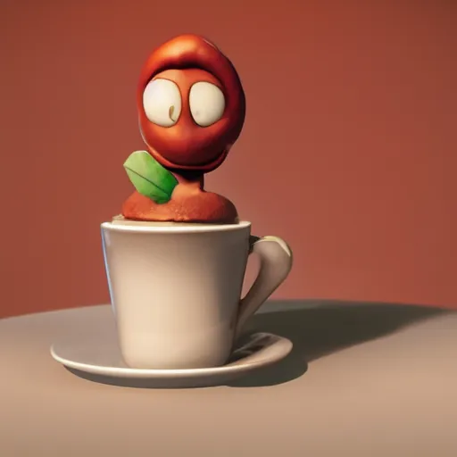 Image similar to cute pinnaple character with a cup of coffee, dark background, 3d render by Pixar, raytracing, 4k