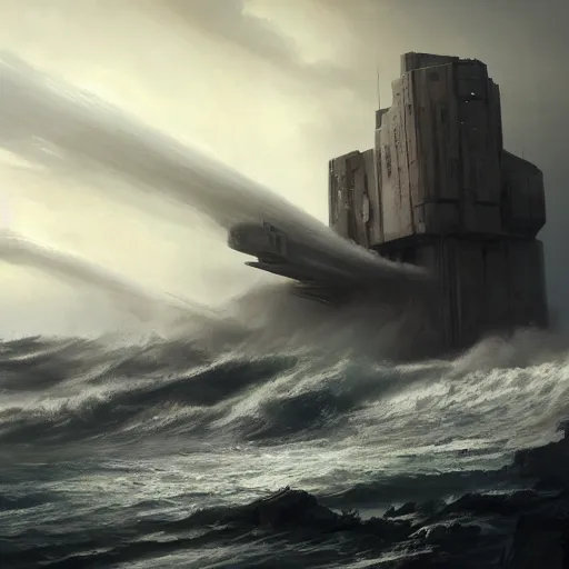 Image similar to star wars concept art by greg rutkowski, a brutalist giant tower in the middle of a raging and stormy ocean, lightning storm and gale force winds, dark environment, dramatic atmosphere, artstation hq.