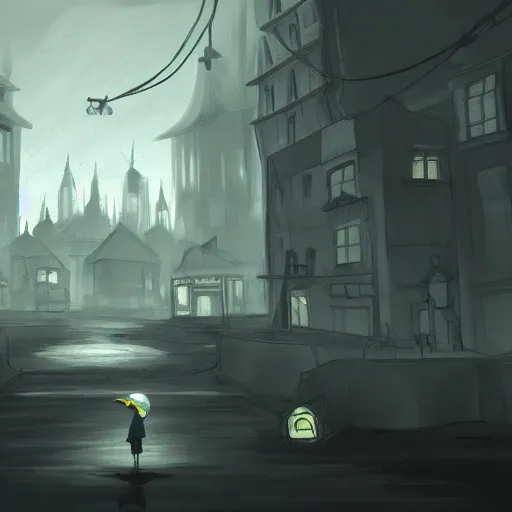 Image similar to city concept art inspired by the game little nightmares and limbo
