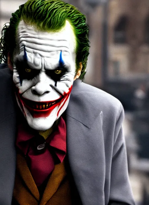 Image similar to film still of Willem Dafoe as The Joker in The Dark Knight, 4k