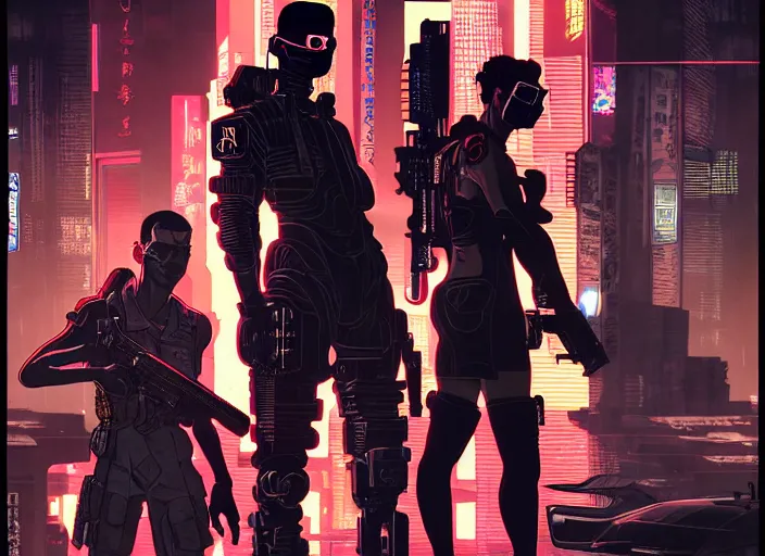 Image similar to cyberpunk blackops samurai squad. portrait by stonehouse and mœbius and will eisner and gil elvgren and pixar. character design. realistic proportions. cyberpunk 2 0 7 7 character art, blade runner 2 0 4 9 concept art. cel shading. attractive face. thick lines. the team. diverse characters. artstationhq.