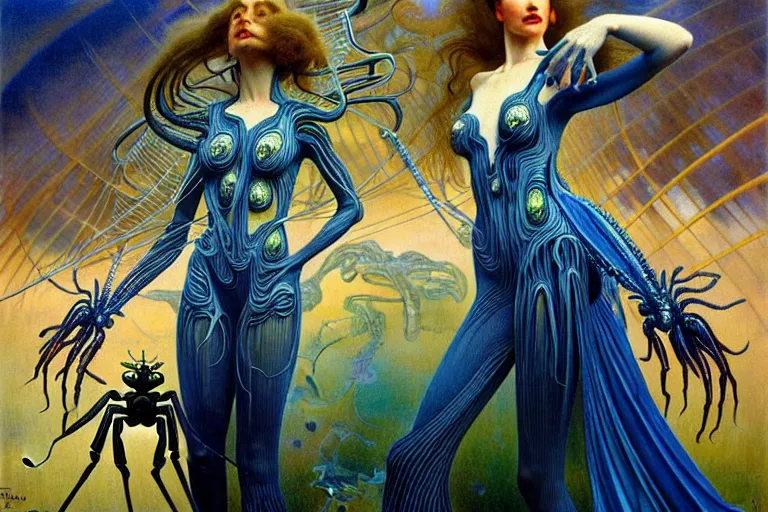 Prompt: realistic extremely detailed portrait painting of a fully dressed woman with a giant spider, futuristic sci-fi landscape on background by Jean Delville, Amano, Yves Tanguy, Alphonse Mucha, Ernst Haeckel, Edward Robert Hughes, Rolf Armstrong, rich moody colours, blue eyes