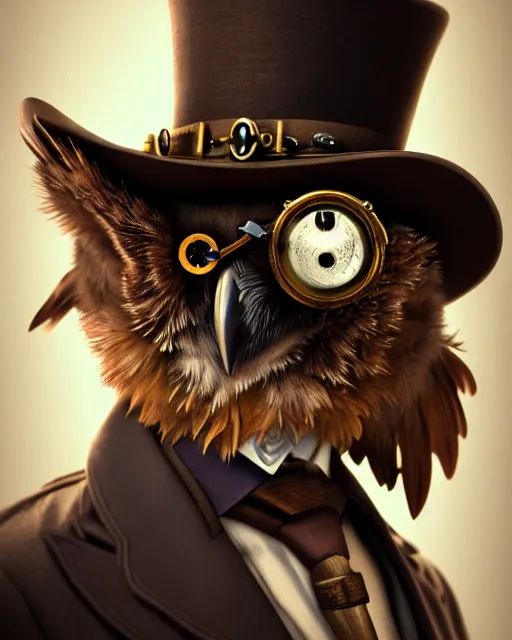 Prompt: steampunk male owl portrait, handsome, steampunk hat, detective coat, steampunk monocle, hyper realistic 3 d render by ilya kuvshinov, peter mohrbacher, greg rutkowski, ryohei hase, dramatic lighting, intricate, highly detailed, sharp focus, luminous, unreal engine, blender, deviant art, masterpiece, ray tracing