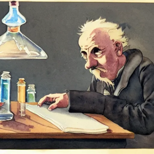 Prompt: a vintage water colour painting of a chemist with potions and ailments. an old man sitting at a desk, 4 k, beautiful, ominous