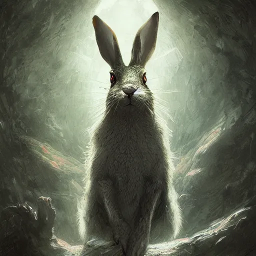 Prompt: hare with glowing white eyes, hyperdetailed, artstation, cgsociety, by greg rutkowski, by Gustave Dore