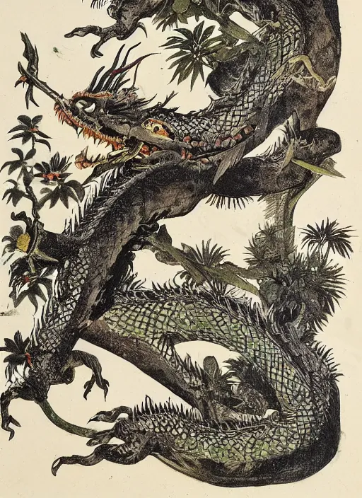 Image similar to vintage chinese dragon in a tropical forest, john james audubon, intaglio, sharp focus