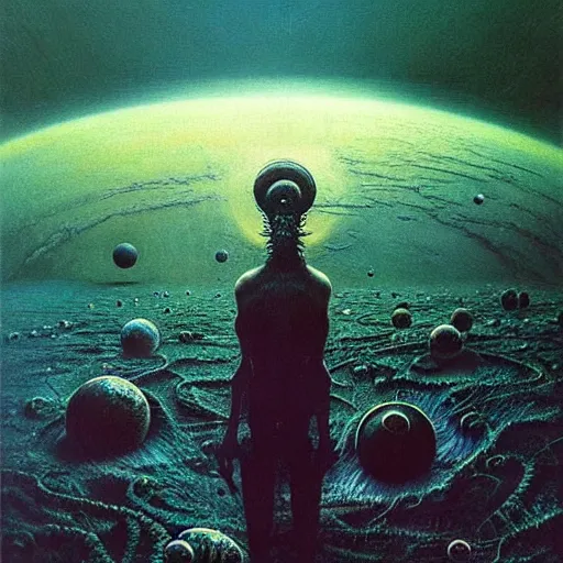 Prompt: outer space with eldritch terror in the middle of composition, cosmic horror, ultra realistic, highly detailed, HD, sharp focus, cinematic lighting, realistic, vivid colors, oil painting, art by Zdzislaw Beksinski