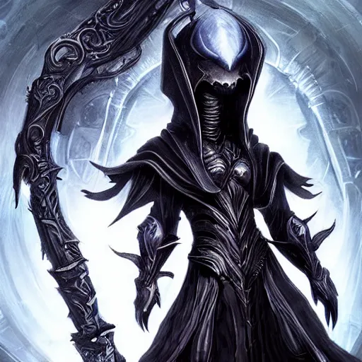 Image similar to character concept, beautiful warlock in armor, black hair, hooded cowl, intricate smooth patterns, cosmic armor, diablo splash art, cinematic lighting, hr giger style