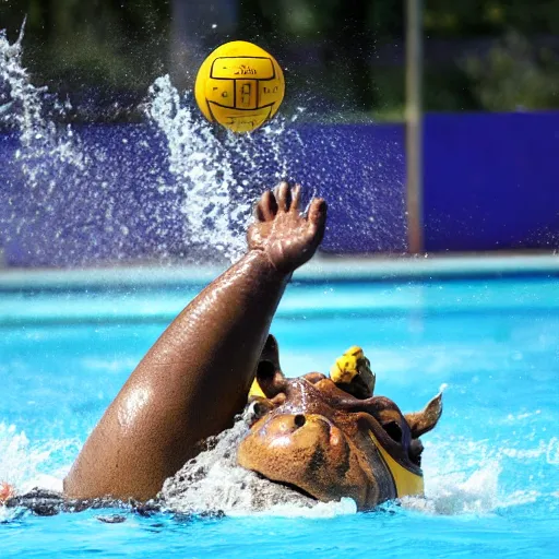 Image similar to a water polo player riding a hippopotamus. photograph.
